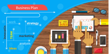 Business plan strategy with touchscreen presentation. Creative businessman showing positive growth. Team at meeting analyzed performance on modern devices in flat design styleのイラスト素材