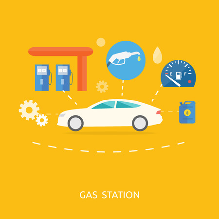 Car in gas station. Fuel petrol dispenser pump handles and pillars. Fueling in flat design styleのイラスト素材