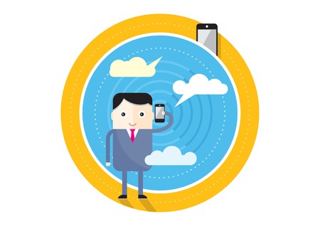 Happy businessman holding phone in his hand near head and talking cartoon design styleのイラスト素材