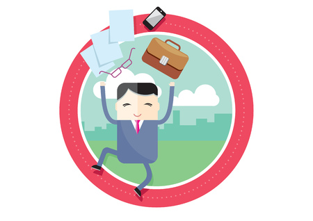 Happy young businessman throwing paper sheets briefcase phone glasses in air with cityscape in the background flat design cartoon styleのイラスト素材