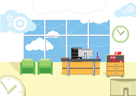 Modern office interior with designer desktop in flat design. Modern business workspace in the office with windowのイラスト素材