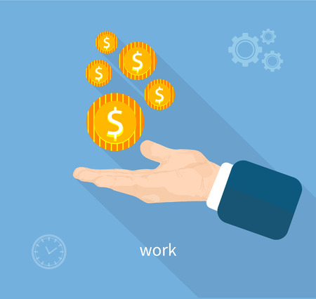 Payment of work. Business concept in flat design. Hand with coinsのイラスト素材