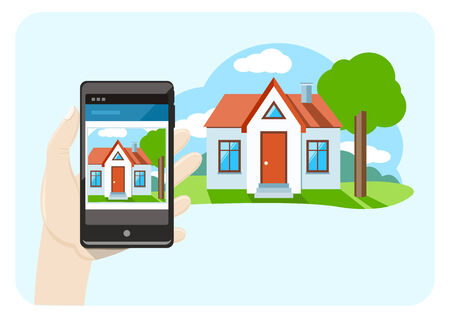 Hand holding mobile phone smartphone with house sale offer cartoon design styleのイラスト素材