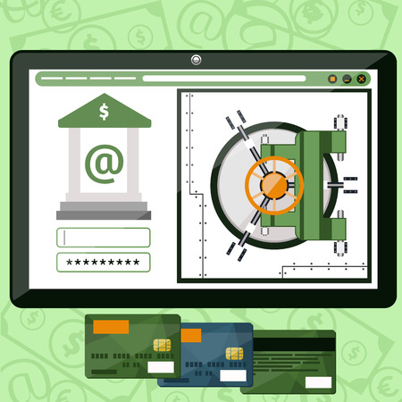 Internet online banking. Plate with site of bank where enter a password to login to profile at bank flat design styleのイラスト素材