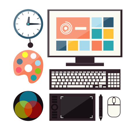 Set of colorful graphic, web design icons. Computer monitor with the screen of the program for design and architecture in flat design. Designer workのイラスト素材