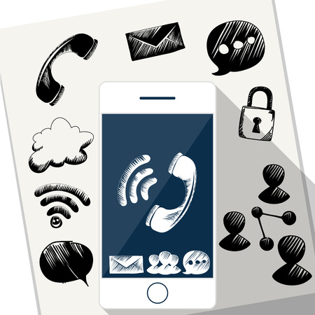 Smart Phone Mobile with doodle sketch of bubble sms message social media link icons on sheet of paperのイラスト素材