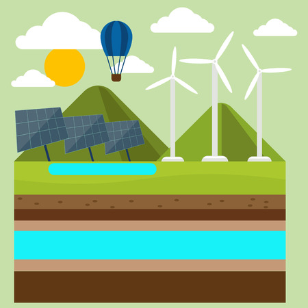 Renewable energy like hydro, solar, geothermal and wind power generation facilities cartoon styleのイラスト素材