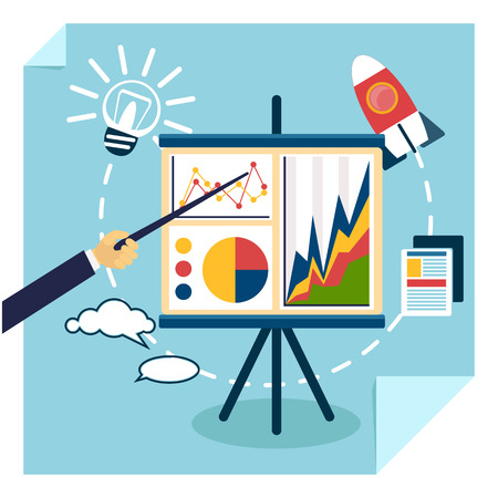 Flat design of presentation business development concept from good idea to successful startup. Hand with pointer points to tripod with chart graphのイラスト素材