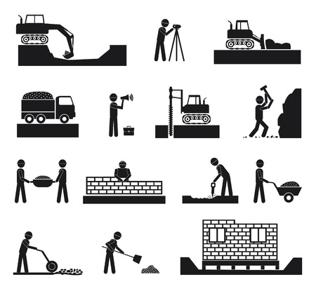 Set of builder construction industry management icons, civil engineering and management in black color on white backgroundのイラスト素材