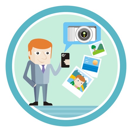 Man in suit with smartphone shows vacation photosのイラスト素材