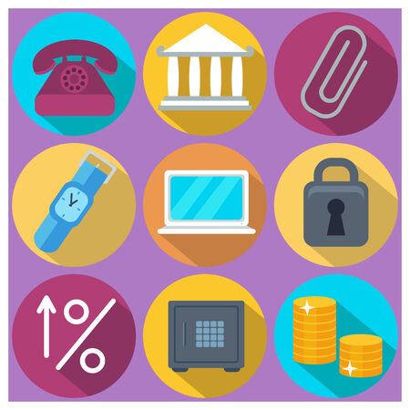 Set of 9 finance and banking colorful round icons with long shadows. Isolatedのイラスト素材