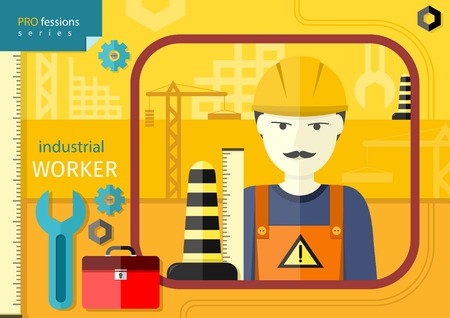 Professions concept with industrial worker in workwear and helmet  on manufacturing backgroundのイラスト素材
