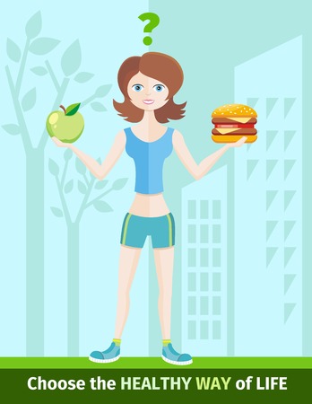 Healthy lifestyle and dieting concept with woman in sportswear choosing between eat green apple or hamburger.のイラスト素材