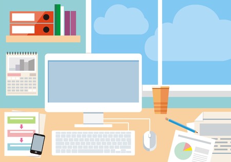 Workplace with computer, smartphone and windowのイラスト素材
