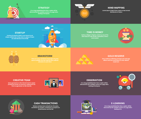 Icons for cash transactions, headwork, strategy planning, business tools start up observation creative team mind mapping brainstorm e-learning time is money. Concept of different icons in flat designのイラスト素材