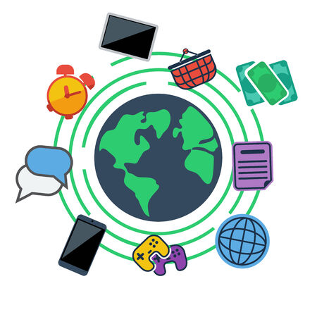 Icons for online shopping, communication, banking, games with smartphone and tablet revolve around Earthのイラスト素材