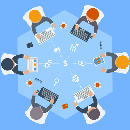 Office teamwork workers business management meeting and brainstorming on round table in top view flat design cartoon styleのイラスト素材