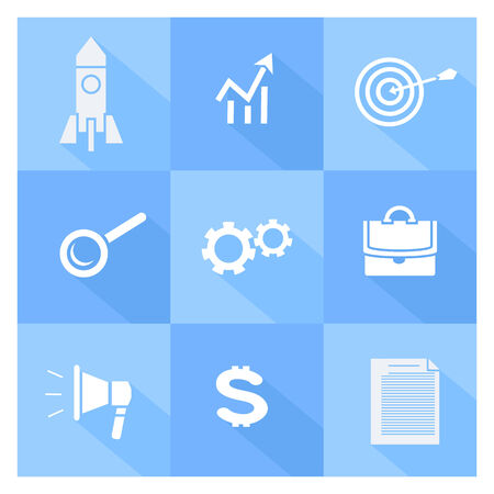 Icon set of start up, target, mission, finance, social media, documents and services symbols with long shadowのイラスト素材
