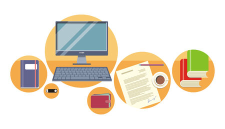 Top view computer, notepad, pen over papers with document on a desktop in office. View from aboveのイラスト素材