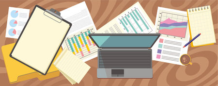 Top view laptop, notepad, pen over papers with numbers and charts on a desktop in office. View from aboveのイラスト素材