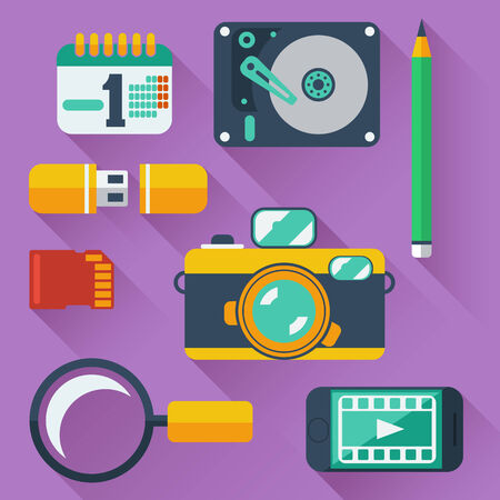 Set of data storage devices icons with digital camera, smartphone, HDD, memory card, USB and organizerのイラスト素材