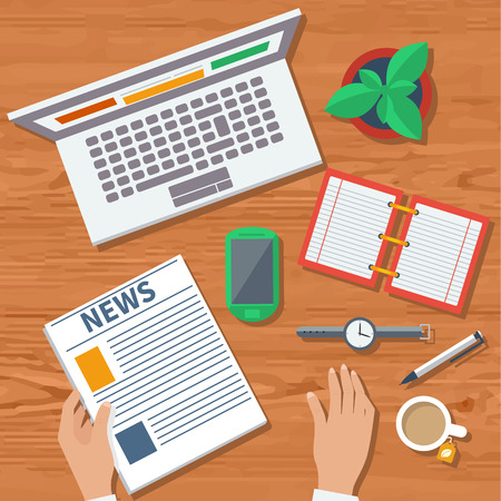 Top view of workplace manager holding newspaper near laptop, smartphone and documentsのイラスト素材