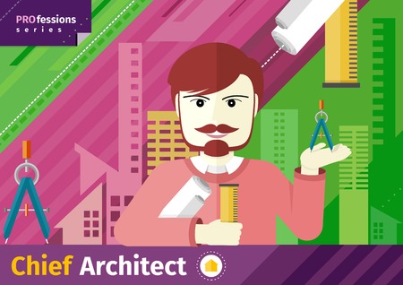 Professions concept with male chief architect with compasses in hand on industrial backgroundのイラスト素材
