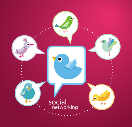 Social media communication network concept. Set of different birds in bubble cartoon design styleのイラスト素材
