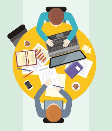 Office teamwork workers business management meeting and brainstorming on round table in top view flat design cartoon styleのイラスト素材