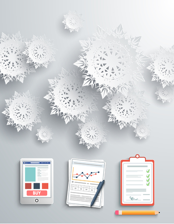 Paper snowflakes and clipboard smartphone documents on gray backgroundのイラスト素材