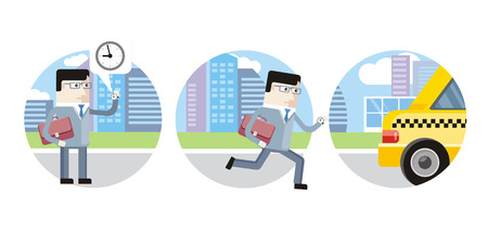 Icon set with businessman late for work and decided to catch a taxi on white backgroundのイラスト素材