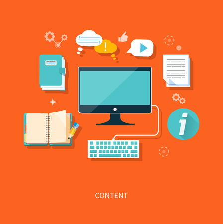 Content concept monitor with keyboard and documents in flat design styleのイラスト素材