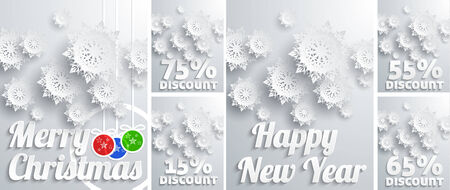 Background set for Christmas and New Year big sales with snowflakes, discount percentage and christmas balls on white backgroundのイラスト素材