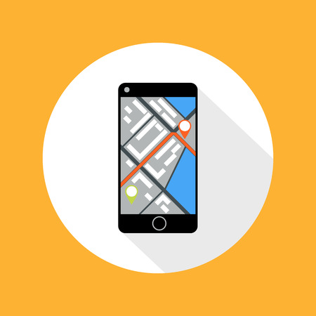 Smartphone with map of imaginary city with GPS icon and pin template of navigation systemのイラスト素材