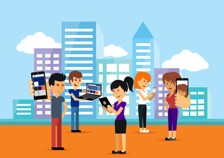 Young people man and woman using technology gadget smartphone mobile phone tablet pc laptop computer in social network communication concept on city town background flat design cartoon style with copyspace