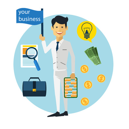 Happy businessman with money, briefcase and lamp, flat design styleのイラスト素材
