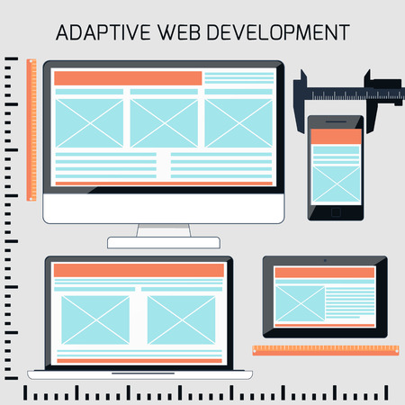 Icons for adaptive web development in flat design. Different screen size device monitors with rullerのイラスト素材