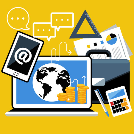 Concept of workplace with smartphone, laptop, briefcase and different office objectsのイラスト素材