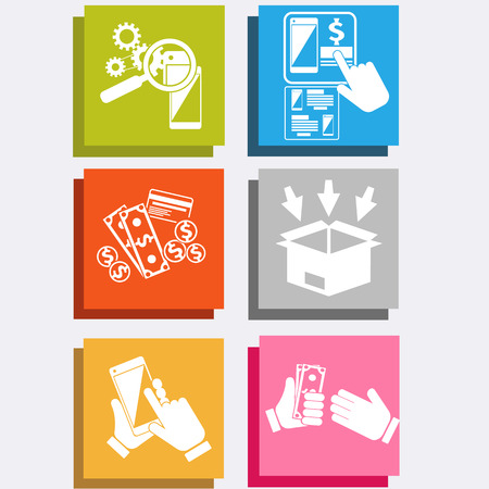 Big sale icons online ecommerce technology concept internet shopping and delivery in flat design style. Commercial processes of purchase order. Customer pays shippingのイラスト素材