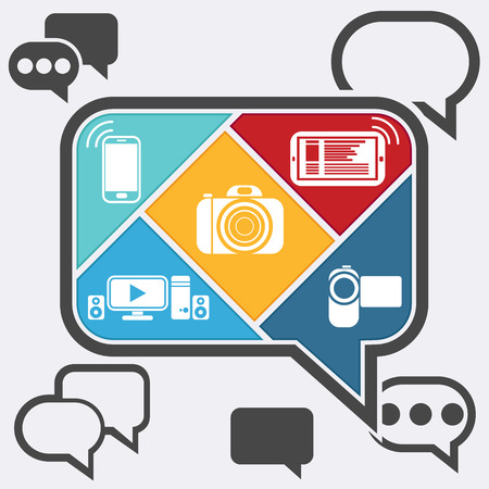 Bubble chatting infographic with icons mobile or cell phone, smartphone, contact set camera videocamera in flat design styleのイラスト素材