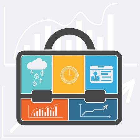 Briefcase with graph clock badge money cloud icons flat design style. Business conceptのイラスト素材