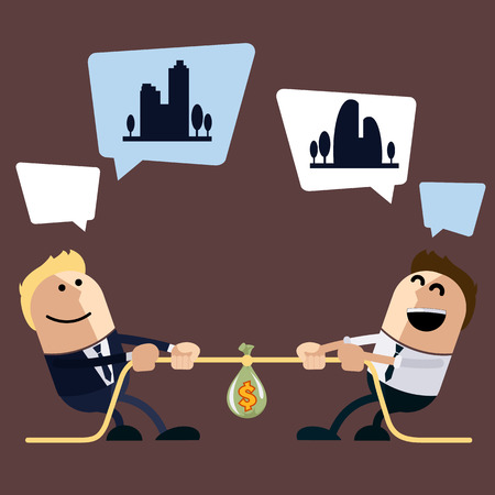 Two businessman pulling rope in middle of which sack bag wiyh money for dream and bubble for text cartoon flat design styleのイラスト素材