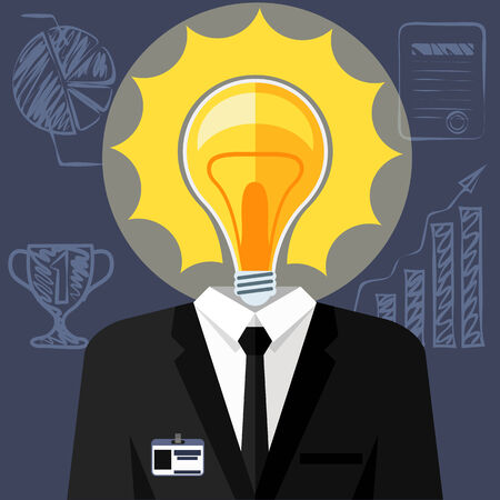 Bulb headed man. Business man in suit with lightbulb in place of head. Idea concept cartoon flat design styleのイラスト素材
