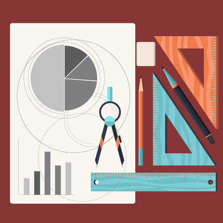 Sheet of paper with charts and tools designer. Compasses pencil ruler eraser cartoon flat design styleのイラスト素材