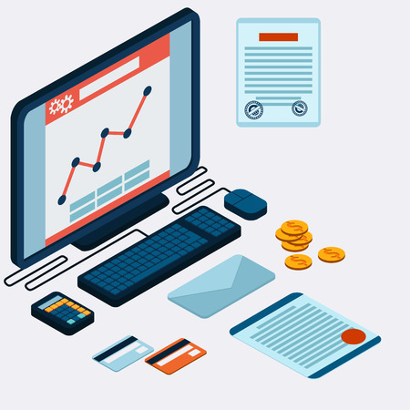 Infographic concept with icons set of modern business working elements, finance paperwork objects and financial planning for development business project. Computer calculator paper card letter on table with prospect flat designのイラスト素材