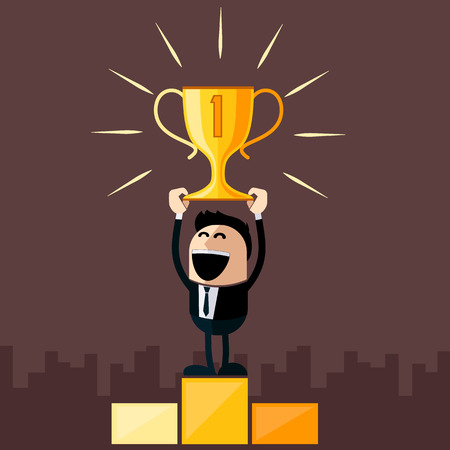 Happy businessman stands on pedestal holds cup overhead cartoon flat design styleのイラスト素材