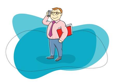 Happy businessman holding phone in his hand near head and talking other hand holding folder with documents cartoon design styleのイラスト素材