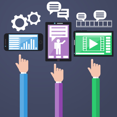 E-Business concept, computers, smartphone with graphs and business news in device in flat design styleのイラスト素材