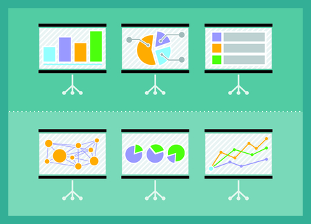 Set of flip chart with drawing business charts. Tripod stand with charts and parameters. Business concept of analytics in flat design styleのイラスト素材