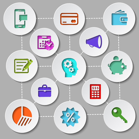 Set of flat design icons with brain gears inside head of businessman surrounded management and finance pictogramsのイラスト素材